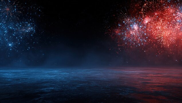 Fireworks display over a dark, textured surface