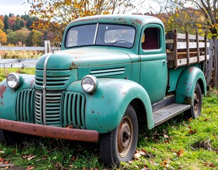 Vintage teal pickup truck in a rural setting