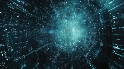 Abstract teal digital data tunnel.