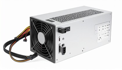 Obraz premium Desktop computer power supply unit with visible cables isolated on white background essential PC component 