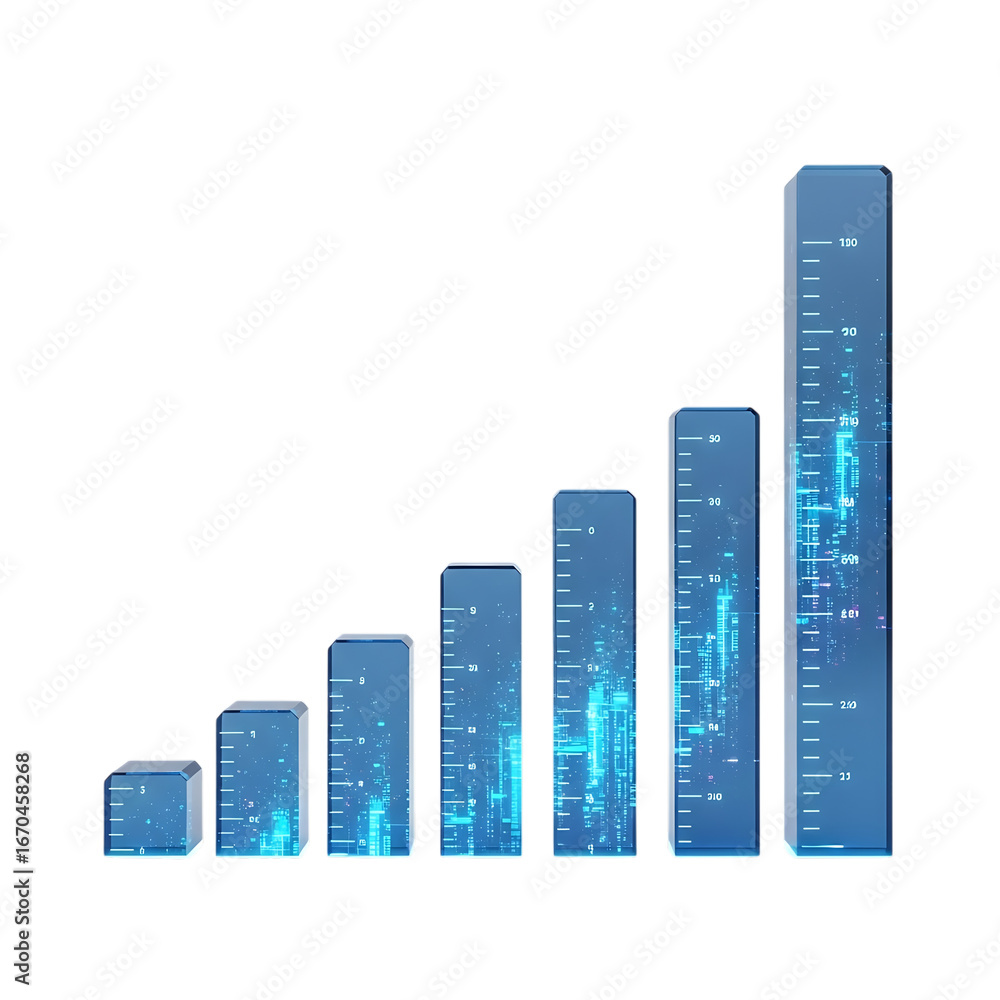 Poster rising blue bar graph showing growth and success with digital circuitry detail isolated on transpare
