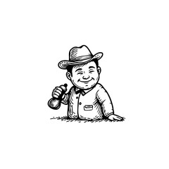 Smiling boy character donning hat and holding a bottle for a vintage style illustration with retro