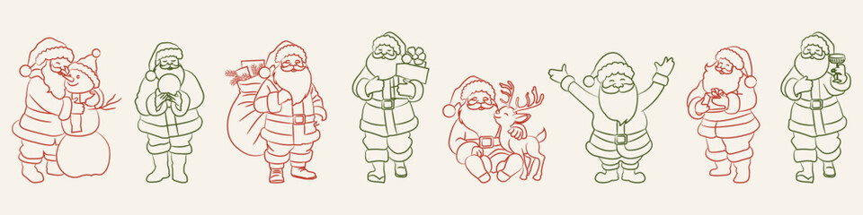 Christmas Santa Claus vector set. Hand drawn holiday line art illustrations. Cute Santa doodle collection with gifts, reindeer and snowman. Festive winter clipart for cards, stickers, posters. © Huma Fida
