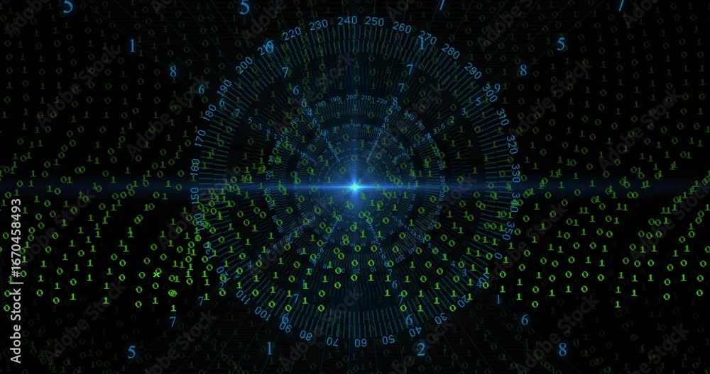 Poster bright blue light appearing, dial fading, binary matrix undulating then retreating revealing dial