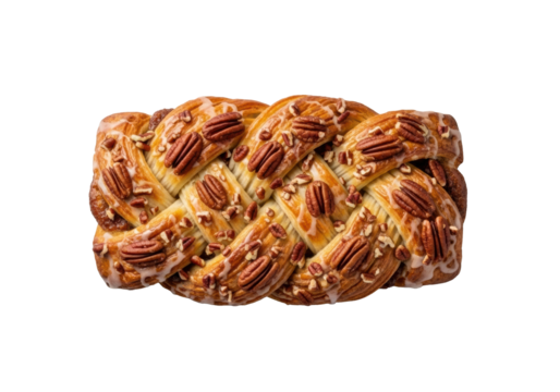 A perfectly baked, golden-brown pecan plait, intricately braided with a glistening glaze and whole pecans, centrally placed on a seamless transparent background, commercial food photography concept