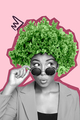 Vertical pop poster banner collage of astonished american girl hold sunglass instead hair lettuce...
