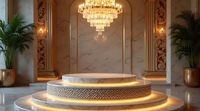 Luxurious illuminated podium in an opulent room with chandelier