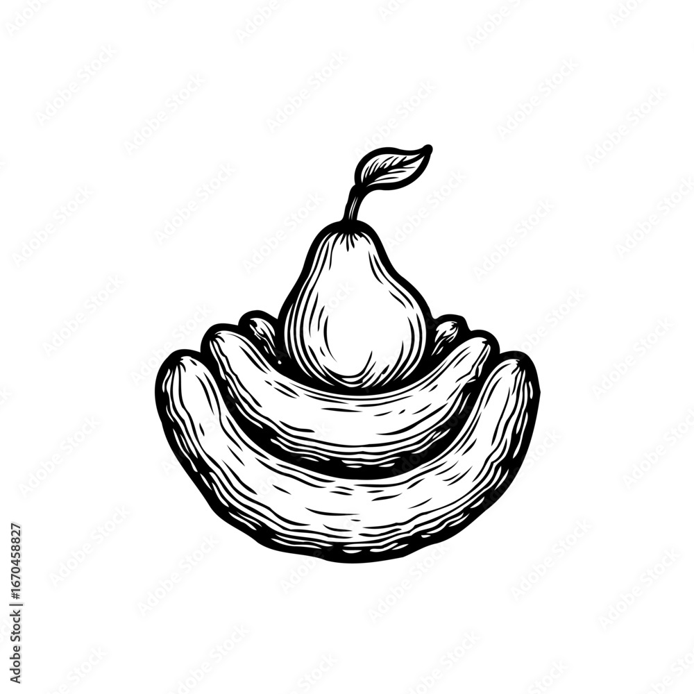 Poster stylized drawing of pear nestled on pile of bananas creating balanced still life composition