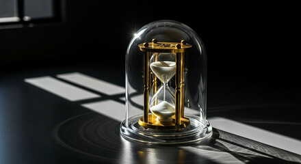 Golden hourglass inside clear glass dome with dramatic lighting. Strong symbolic photo about time, patience, and protection.