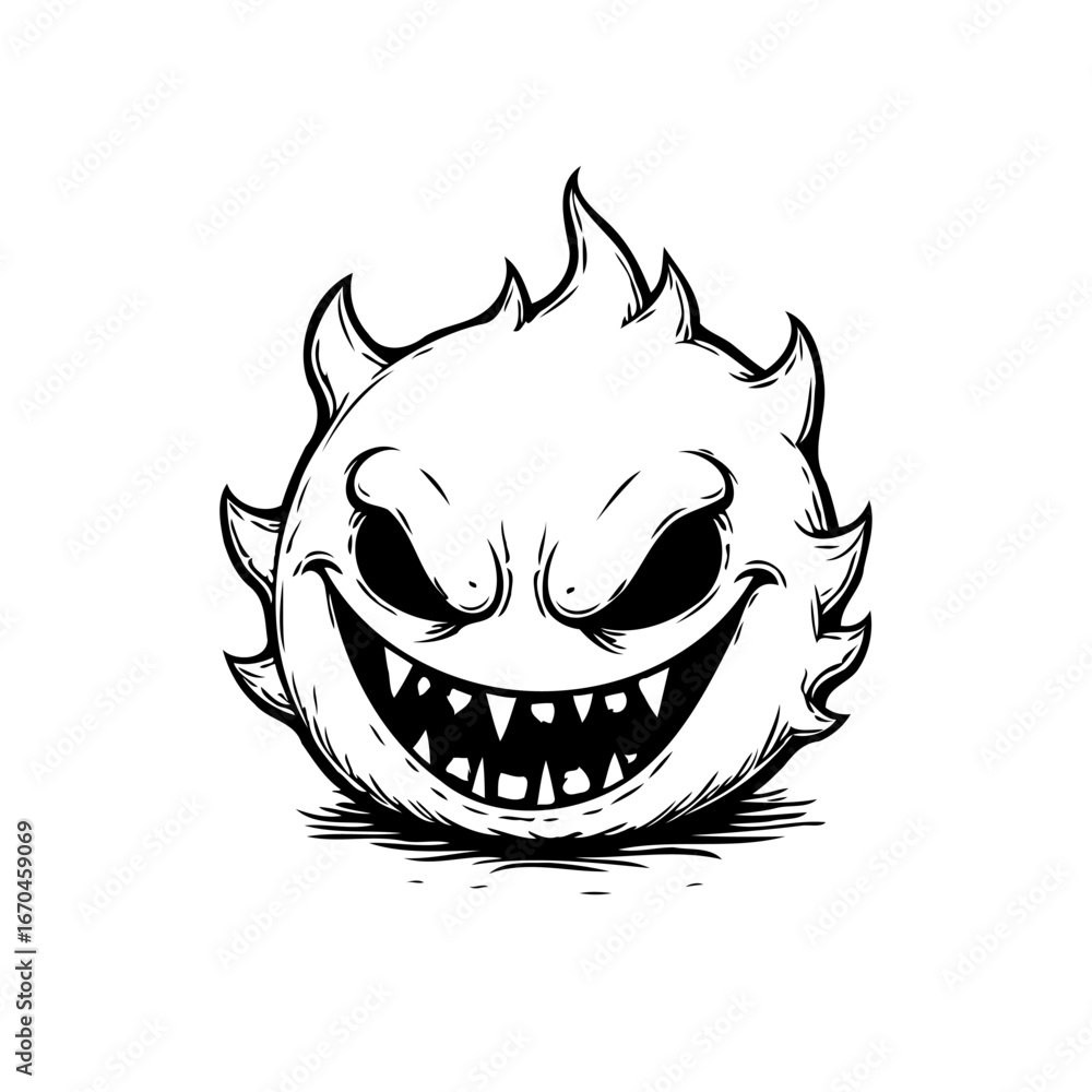 Poster stylized monochrome depiction of a flame shaped mischievous character with sharp teeth and defiant