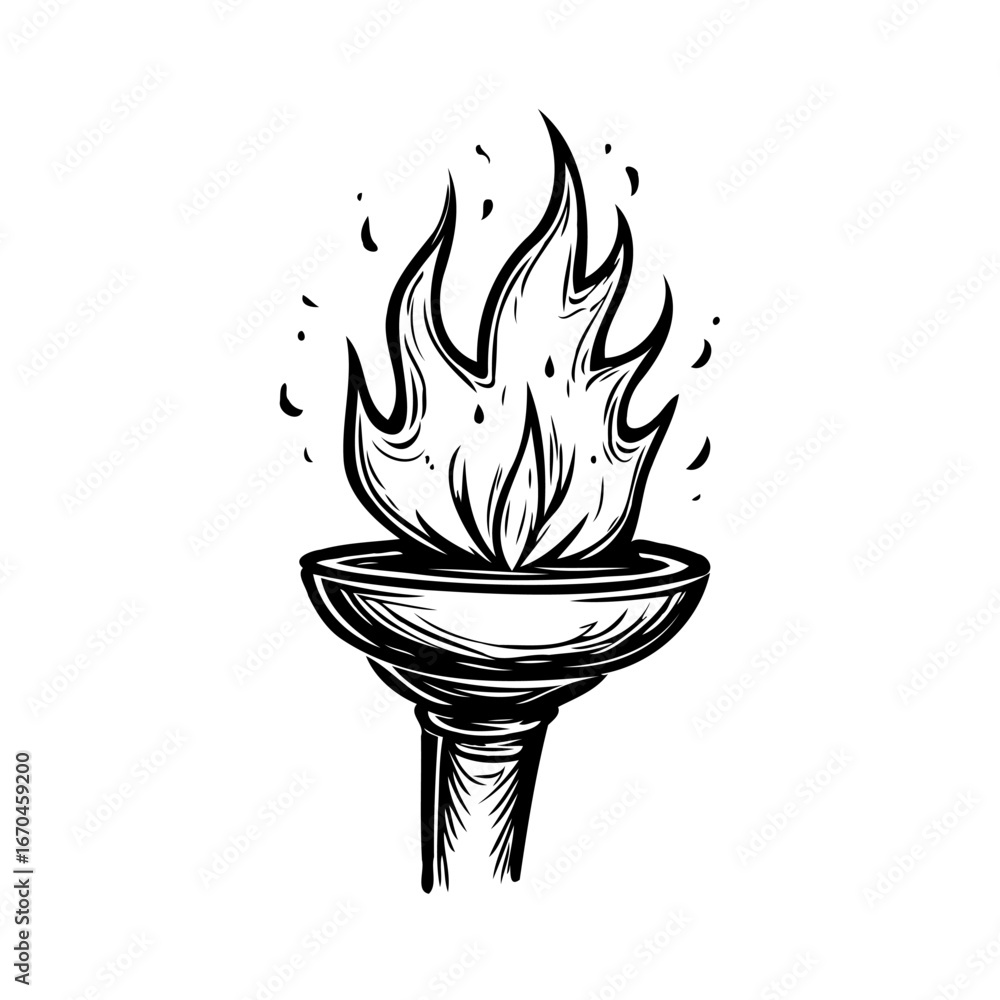 Poster stylized sketch of an ethereal torch featuring a dynamic flame on simple white backdrop evoking