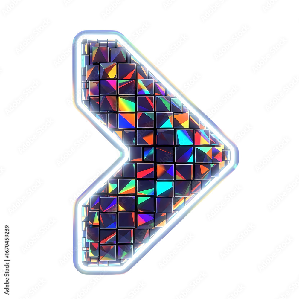 Poster holographic arrow shape with geometric pattern reflecting rainbow colors isolated on transparent bac