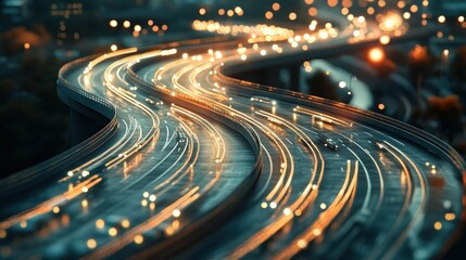 Night highway with blurred lights, showcasing traffic flow and urban infrastructure.
