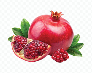 fresh pomegranate with slice and  leaves in different style isolated on transparent background