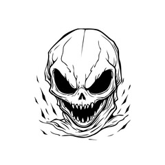 Stylized skull illustration with sharp teeth set against stark white background in a minimalist