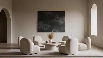 Modern Minimalist Living Room with Curved White Furniture and Abstract Wall Art