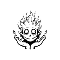 Surreal sketch depicting a whimsical fiery-haired creature cradled tenderly in human hands