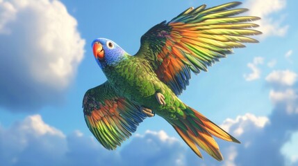 Vibrant parrot in flight against a bright blue sky with fluffy clouds.