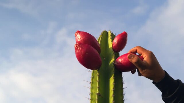 A gardener picks red cactus fruits by hand in a cactus garden, a species of Jamacaru.