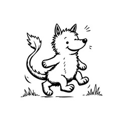 Whimsical canine character frolicking in monochrome illustration radiating joy and carefree spirit