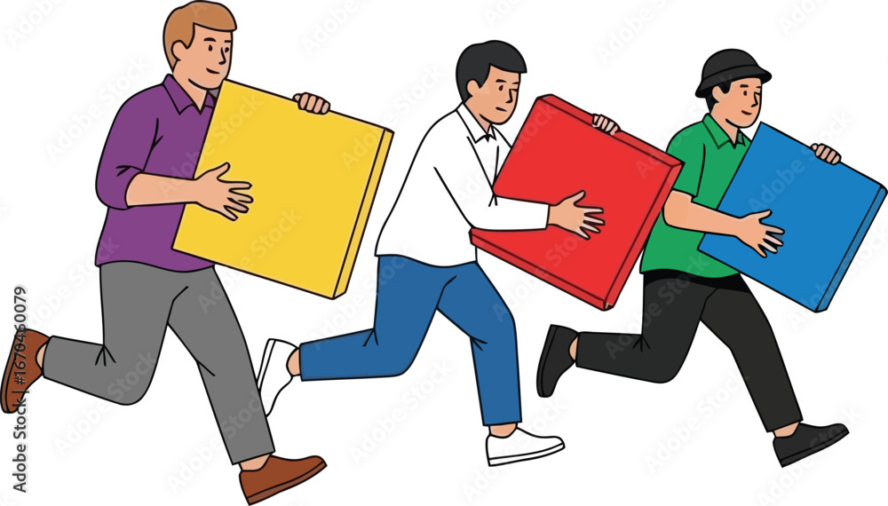 Poster three people running with colorful puzzle pieces in teamwork concept illustration vector image