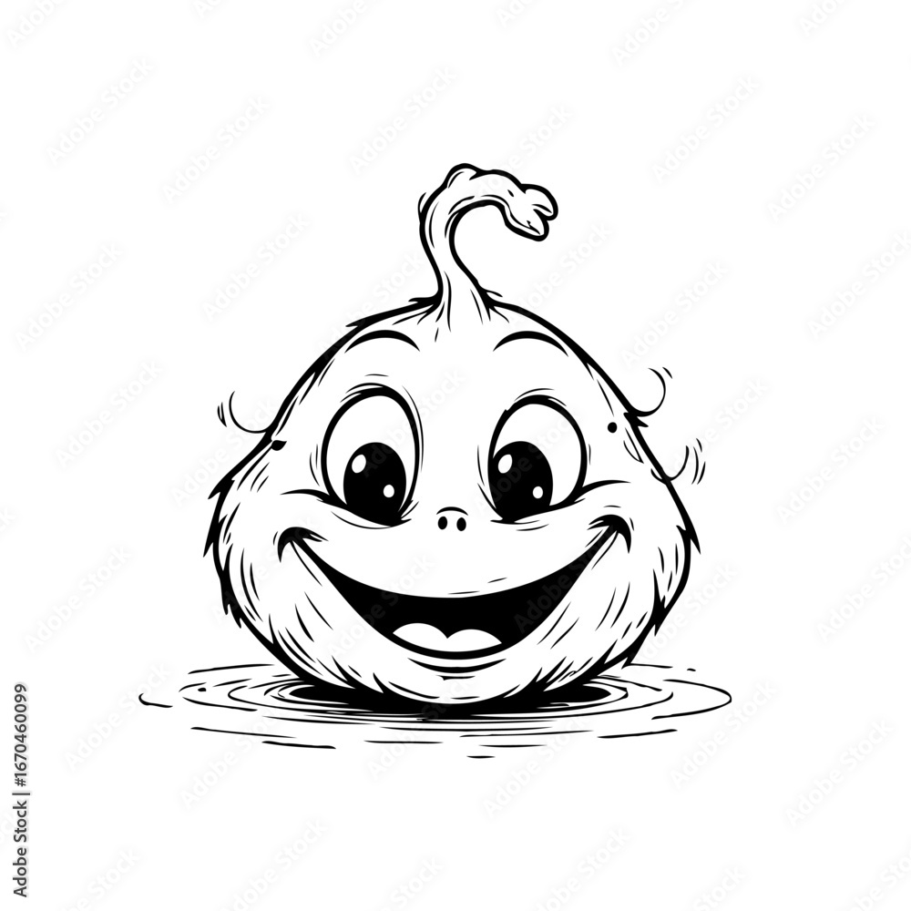 Poster whimsical character illustration with a large smile and playful design in a minimalist style that