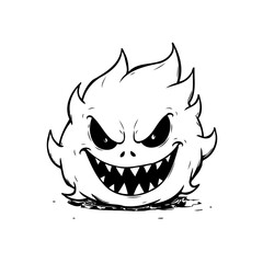 Whimsical cartoon monster with spiky hair displaying an expressive grin in a line art illustration