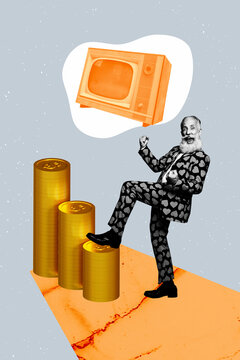 3D collage trend artwork composite sketch poster of aged man success stand stack coi dream tv tuner earnings currency market income budget