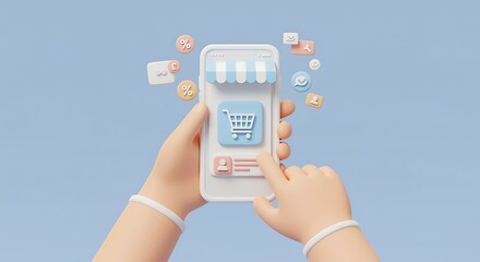 Cartoon Hands Holding Smartphone with Online Shopping App and Notifications for Ecommerce and Digital Marketing