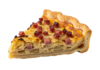 PNG cut out isolated background. A studio photograph of a slice of traditional German Zwiebelkuchen. 