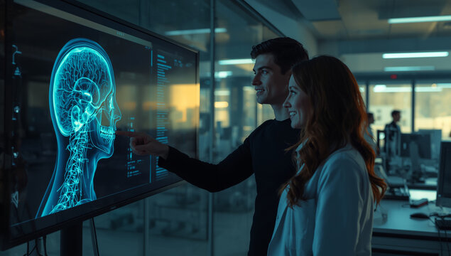 Two people looking at a brain scan on a large screen, possibly for medical research or diagnosis.