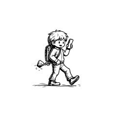 Fototapeta premium Whimsical illustration of a cheerful young boy engrossed in his smartphone while walking forward