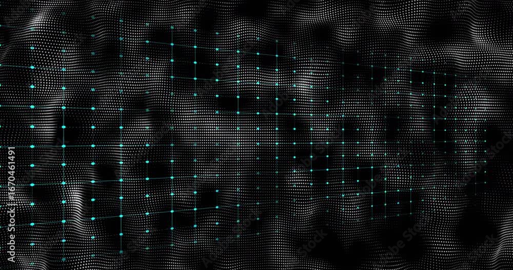 Poster faint neon blue line appearing from left and oscillating over dark mesh grid, showing signal flow