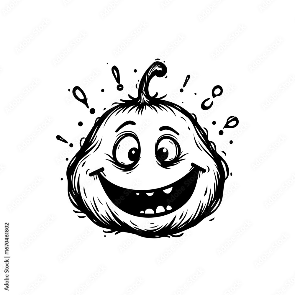 Poster whimsical pumpkin character expressing joy and excitement with expressive exclamation points in a