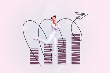 Art collage of person levitate with image plane over pink background chart analysis