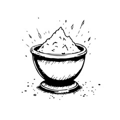 Whimsical sketch of a bowl brimming with powdery substance radiating delicate particles creating a