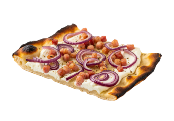 PNG cut out isolated background. A studio photograph of a single slice of Flammkuchen, a traditional German and Alsatian flatbread.