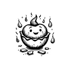 Whimsical sprouting seed with cheerful face inside a protective cup with whimsical water droplets