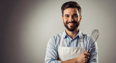 Charming culinary professional with a beaming smile holding a whisk, embodying the passion and expertise of a skilled chef ready to bring delicious creations to life in the kitchen