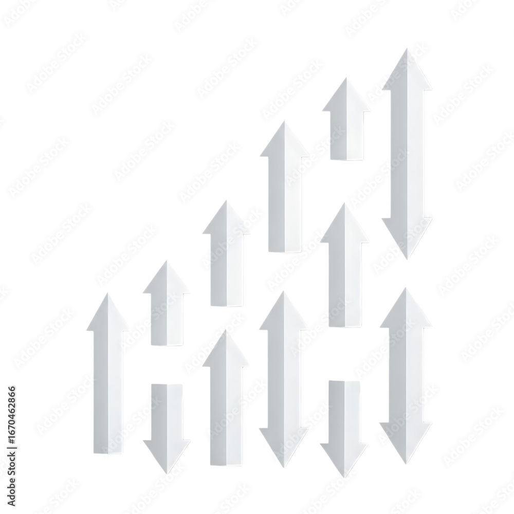 Poster collection of white up and down arrows of varying sizes arranged in a staircase pattern against a bl