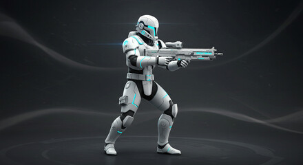 Futuristic soldier in advanced white armor holding a sci-fi weapon, ready for action