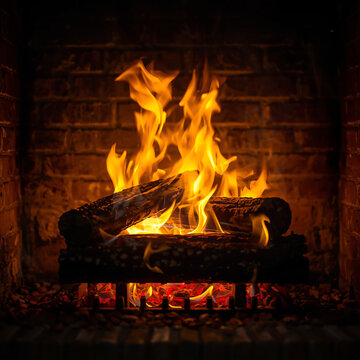 A cozy fireplace with burning logs and flames in a brick surround.