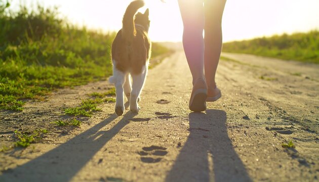 Sunset stroll with dog and owner, and rural road.