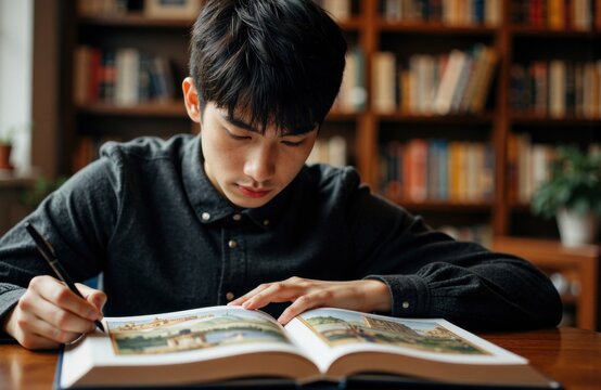 Woman reading book in a cozy library setting with wooden shelves and books around her - Powered by Adobe