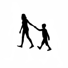 Silhouette of person holding hands with parent while walking symbol of support isolated on white background