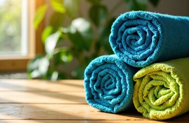 Colorful rolled towels stacked on wooden surface with natural light and indoor plants in background