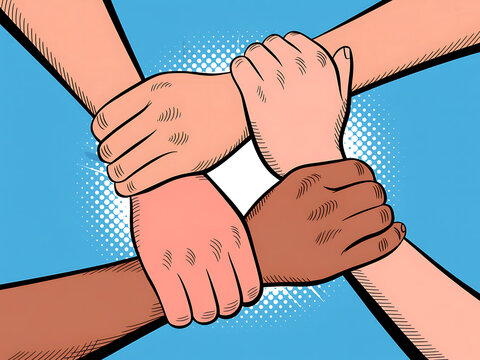 Diverse hands clasped together in a symbol of unity and teamwork