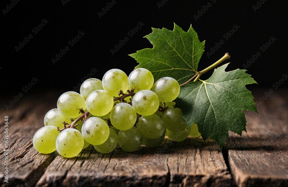 Poster green grape cluster with leaf resting on rustic wooden surface against dark background