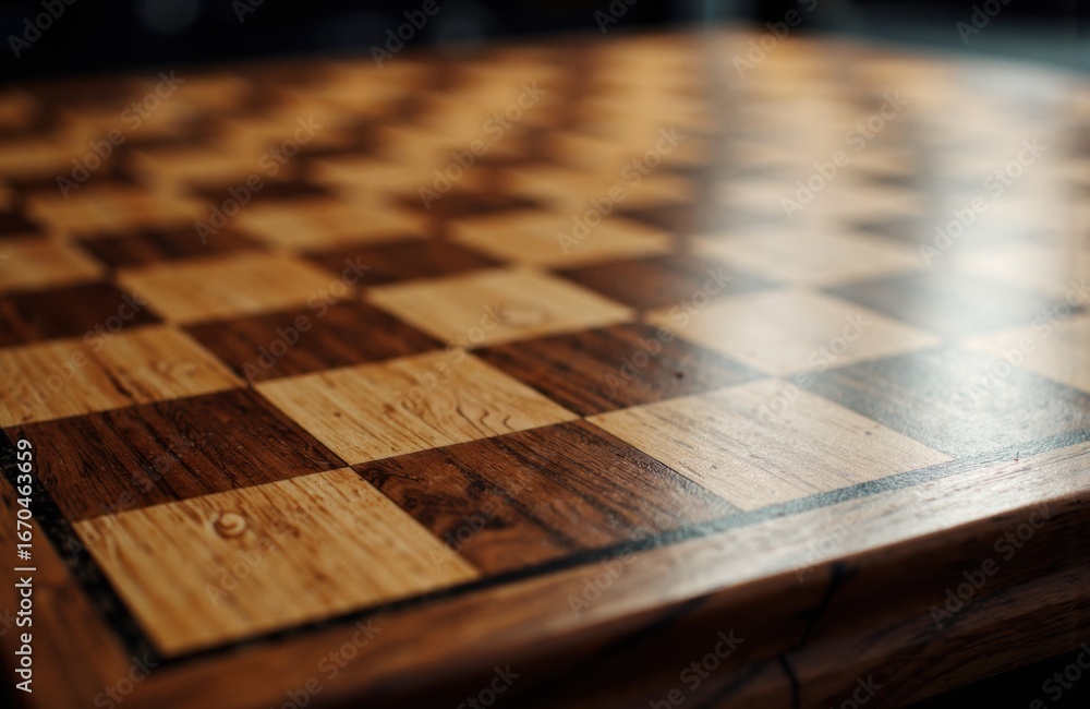 Poster a close-up view of a wooden chessboard with alternating light and dark squares