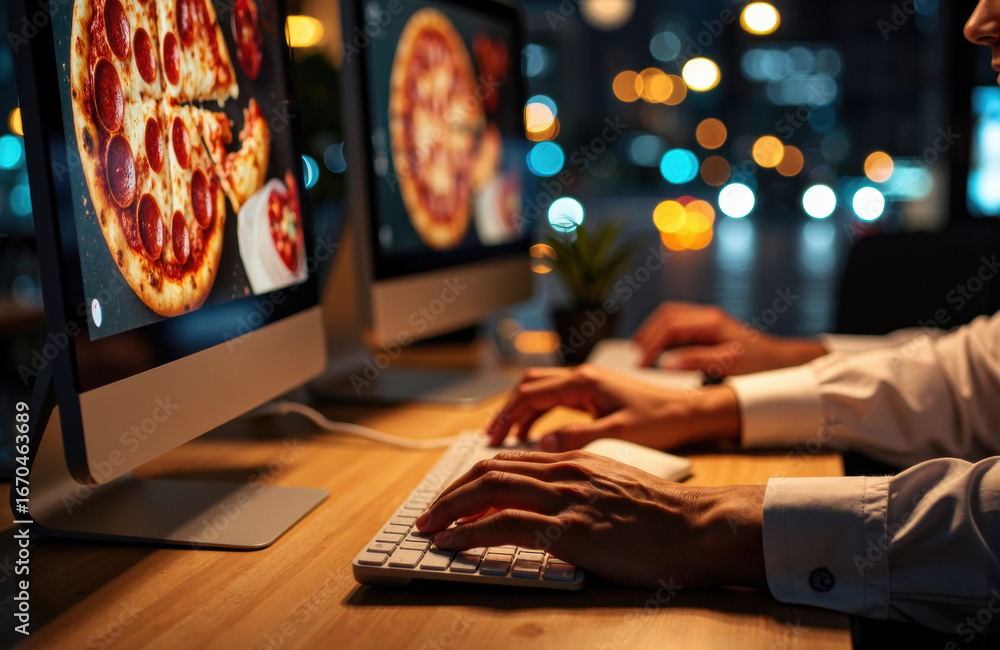 Poster people playing online pizza game on computers in a modern office setting